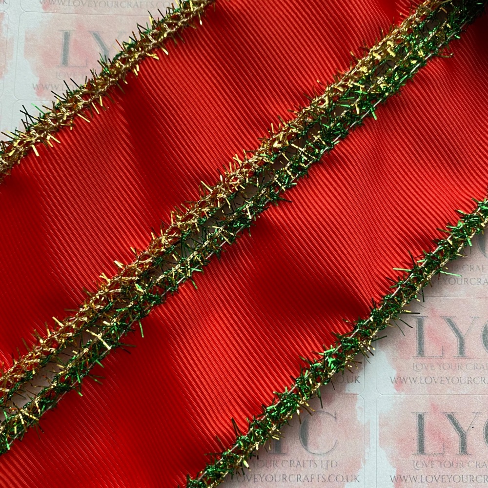 1.5" Poppy Red Grosgrain Ribbon with Green & Gold Tinsel Edge