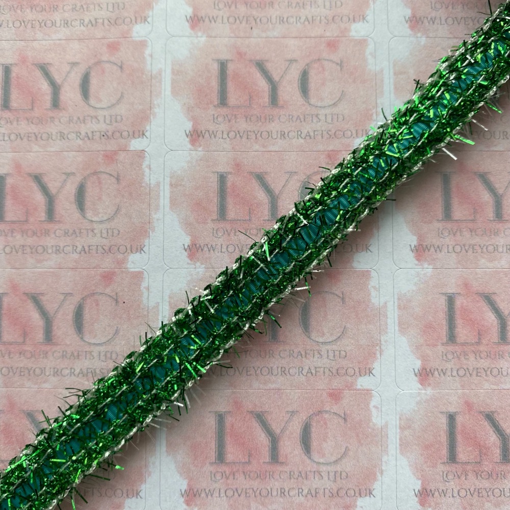 3/8" Jade Grosgrain Ribbon with Green Tinsel Edge