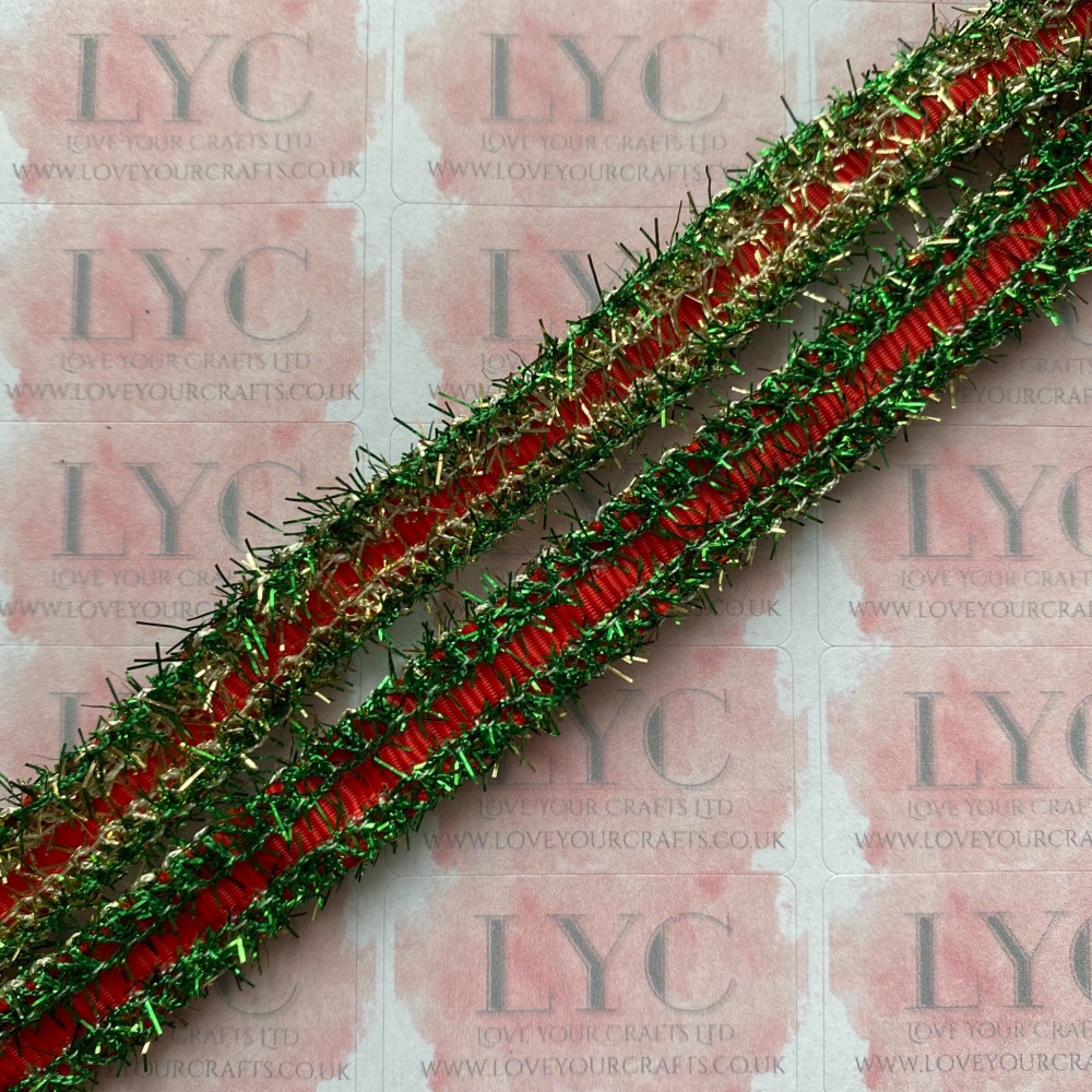 3/8" Poppy Red Grosgrain Ribbon with Green & Gold Tinsel Edge