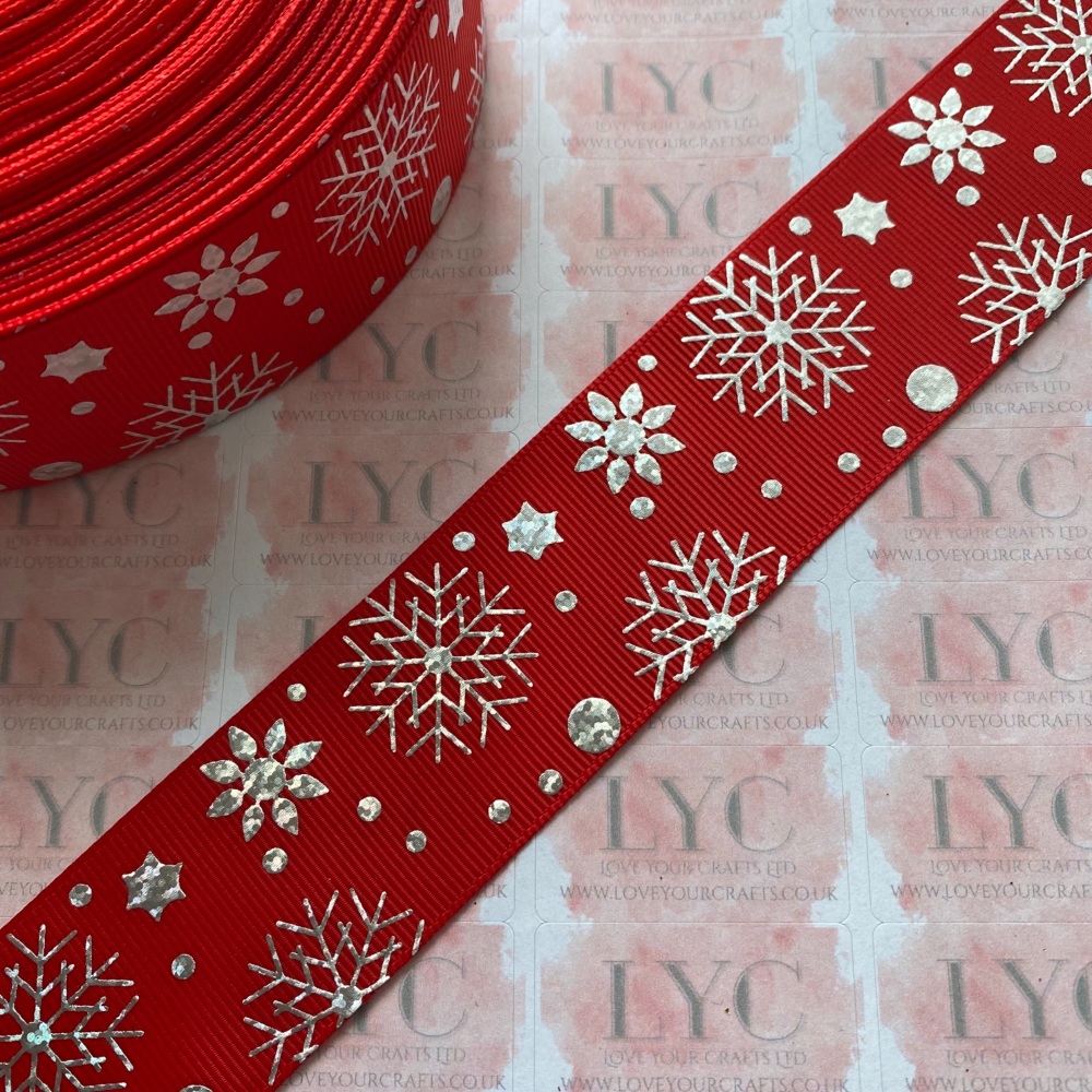 1.5” Silver  Laser Snowflakes on Red Grosgrain Ribbon
