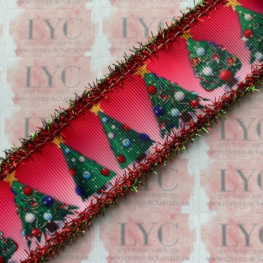 1.5" Christmas Tree Grosgrain Ribbon with Red & Green Tinsel Edge