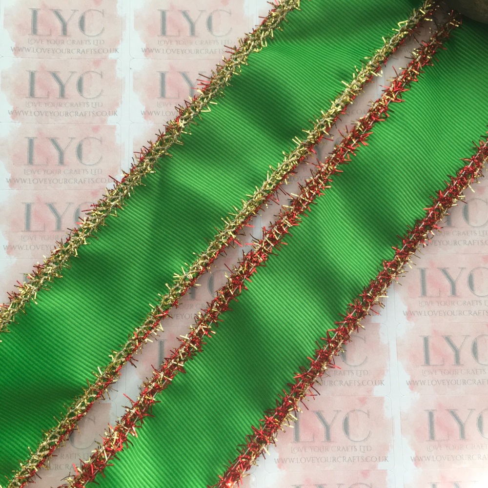 1.5" Classical Green Grosgrain Ribbon with Red & Gold Tinsel Edge