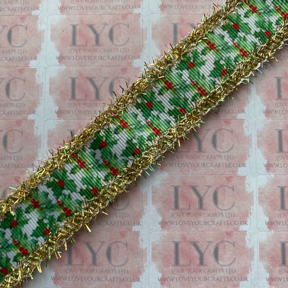 1" Holly Grosgrain Ribbon with Gold & AB White Tinsel Edge