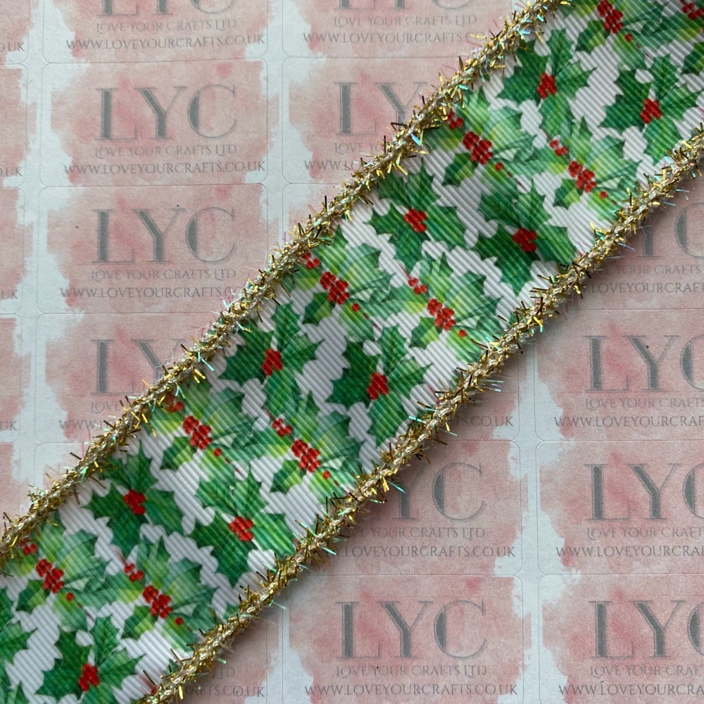 1.5" Holly Grosgrain Ribbon with Gold & AB White Tinsel Edge