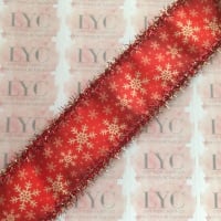 1.5" Snowflake Grosgrain Ribbon with Red & Gold Tinsel Edge