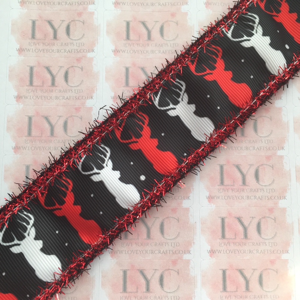 1.5" Stag Grosgrain Ribbon with Red & Black Tinsel Edge