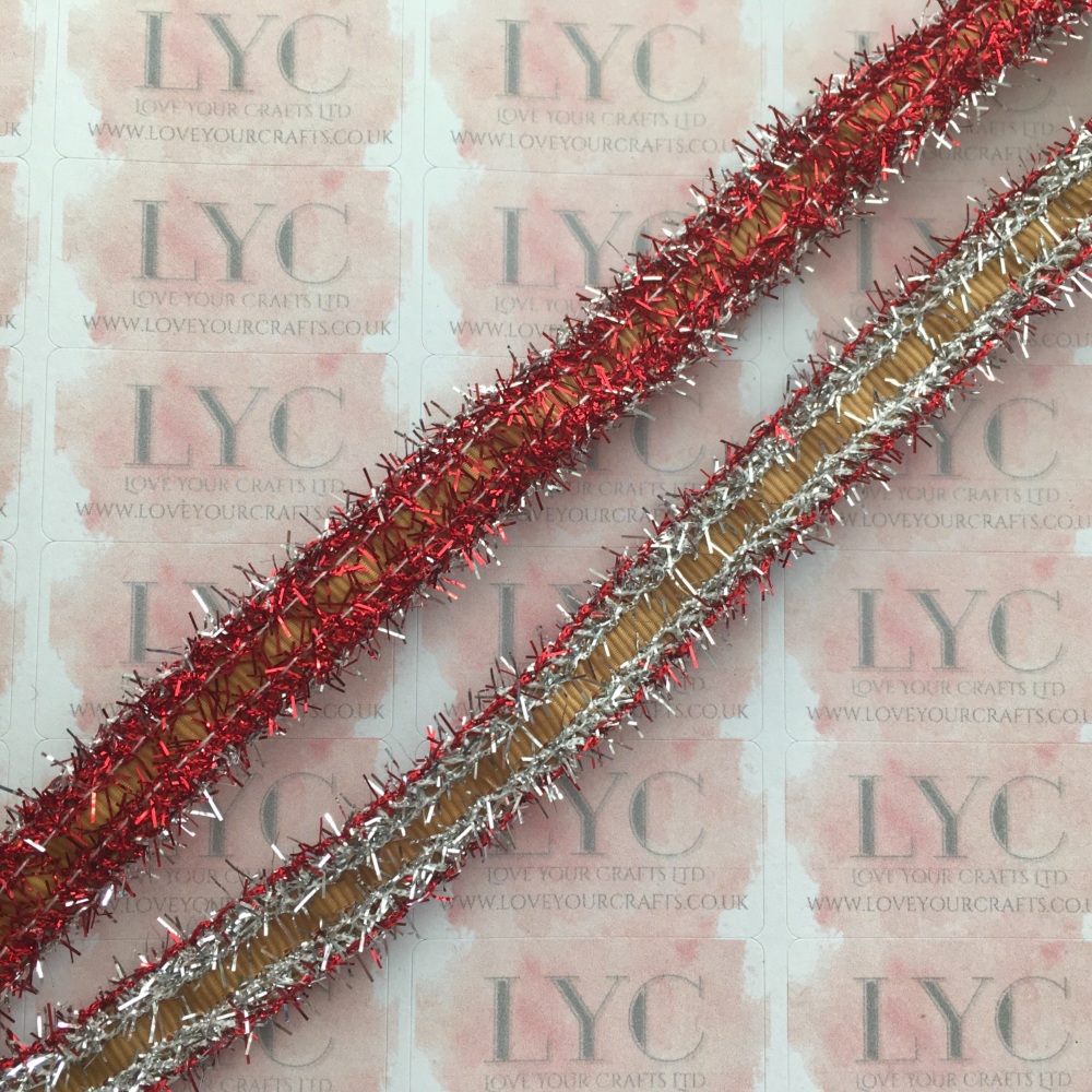 3/8" Pale Gold Grosgrain Ribbon with Red & Silver Tinsel Edge