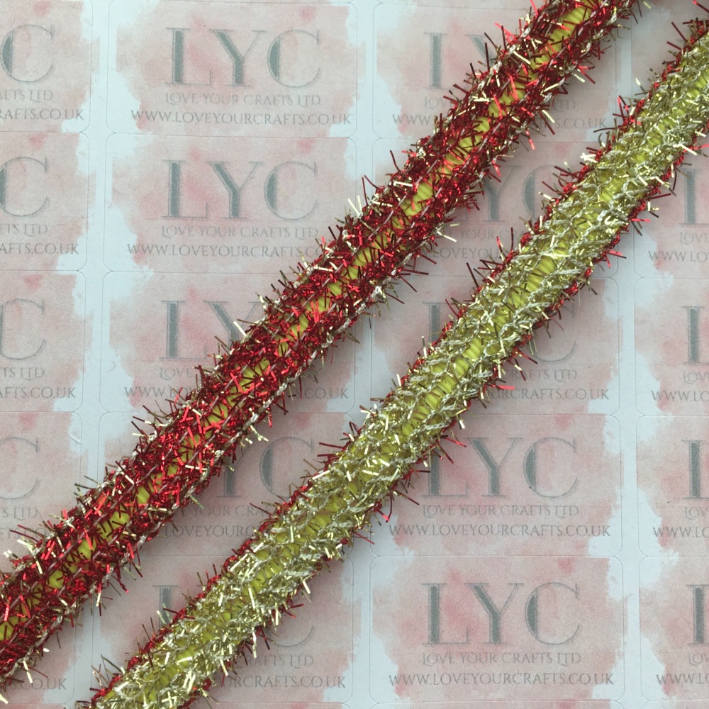 3/8" Pistachio Grosgrain Ribbon with Red & Gold Tinsel Edge