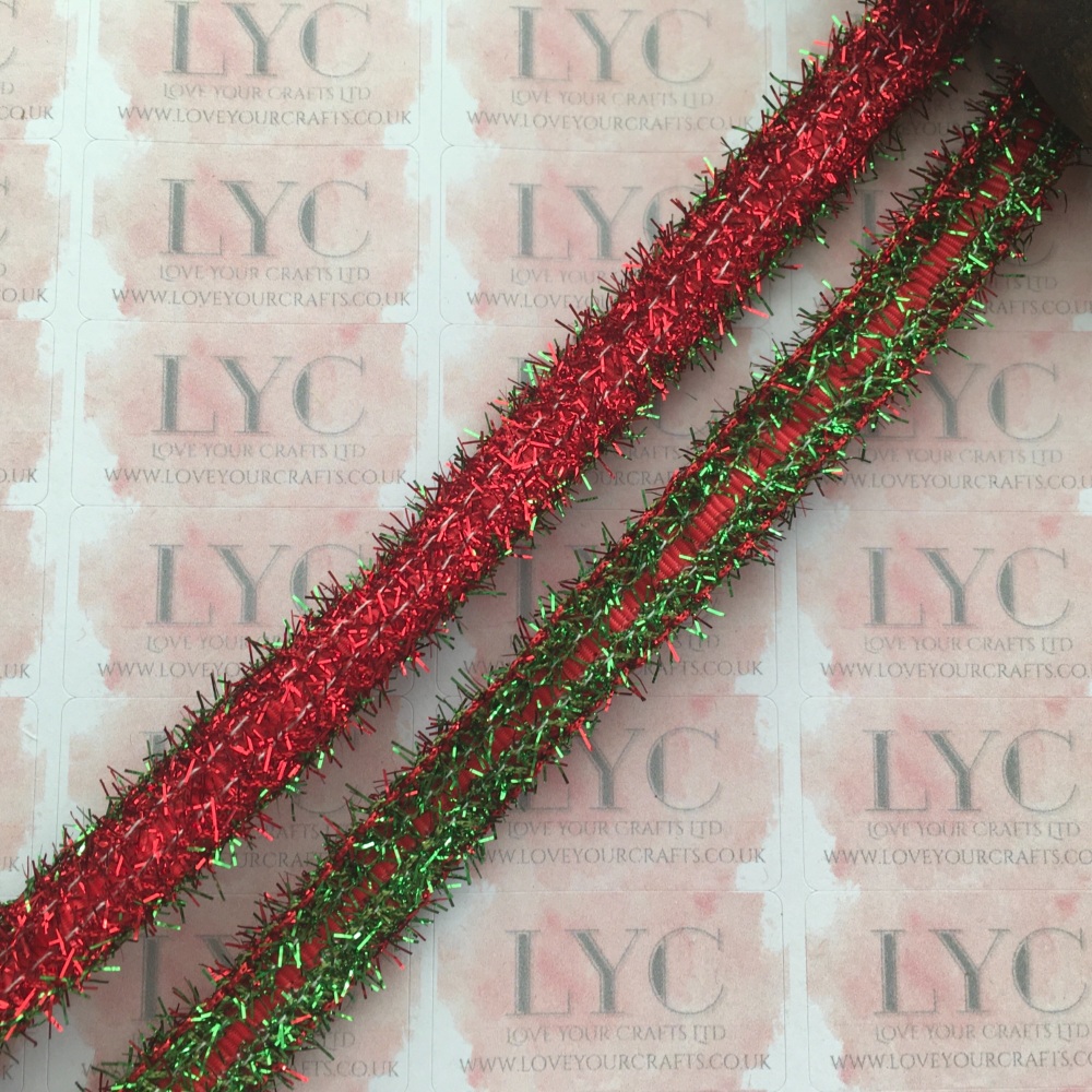 3/8" Poppy Red Grosgrain Ribbon with Red & Green Tinsel Edge