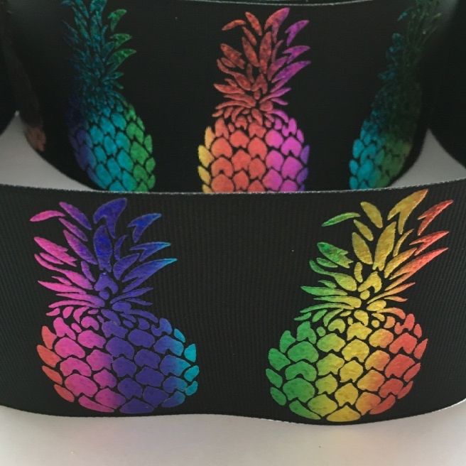 * SALE * 3" Rainbow Laser Pineapples on Black Grosgrain Ribbon