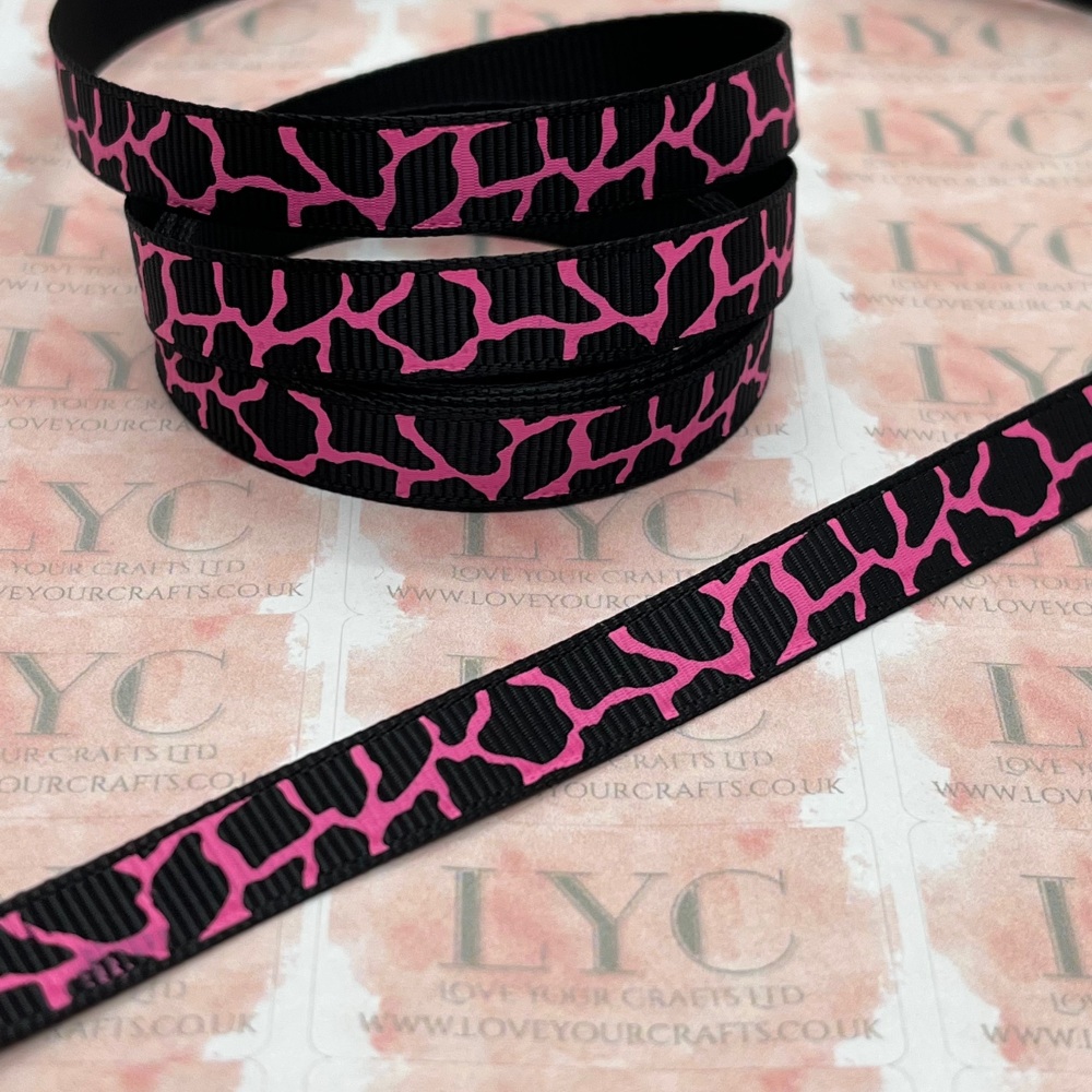 3/8" Black & Pink Animal Print Grosgrain Ribbon