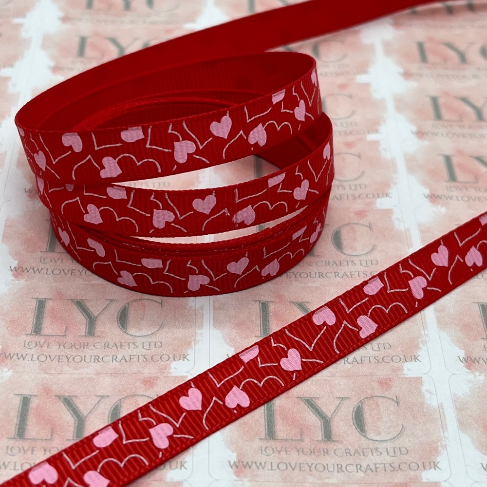 3/8" Red & Pink Hearts Grosgrain Ribbon