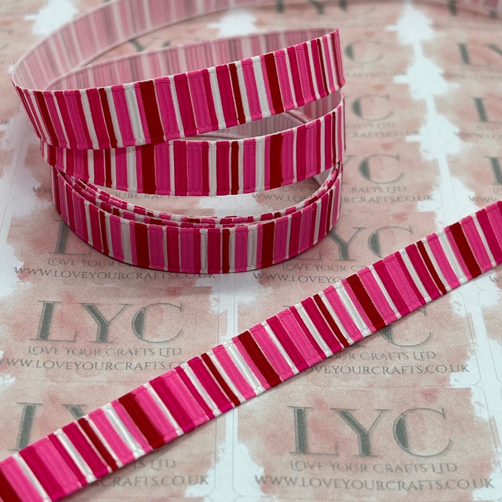 3/8" Pink, Red & White Stripes Grosgrain Ribbon