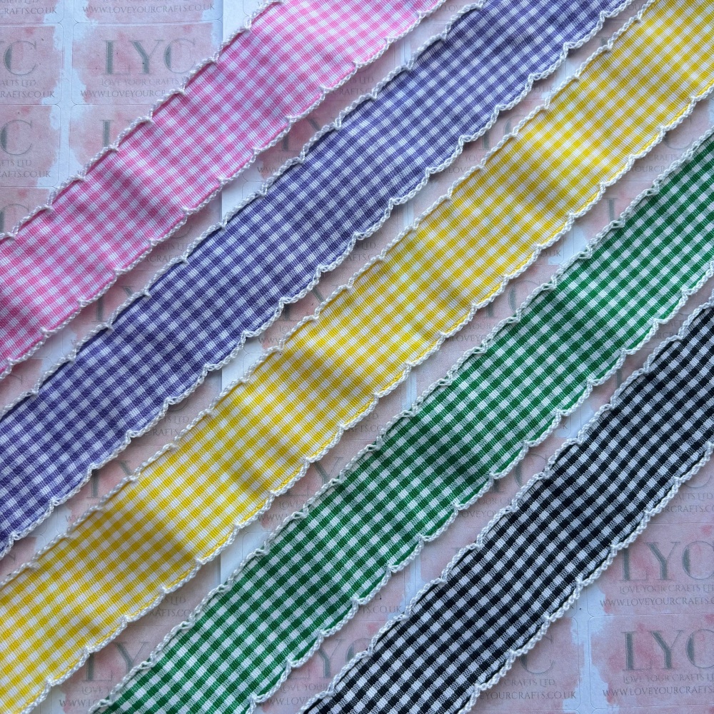 * SALE * 1" Gingham Check Ruffled Edge Fabric Ribbon