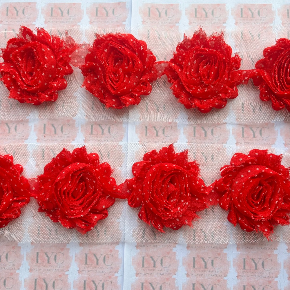 * SALE * 2.5" Red Polka Dot Shabby Flowers