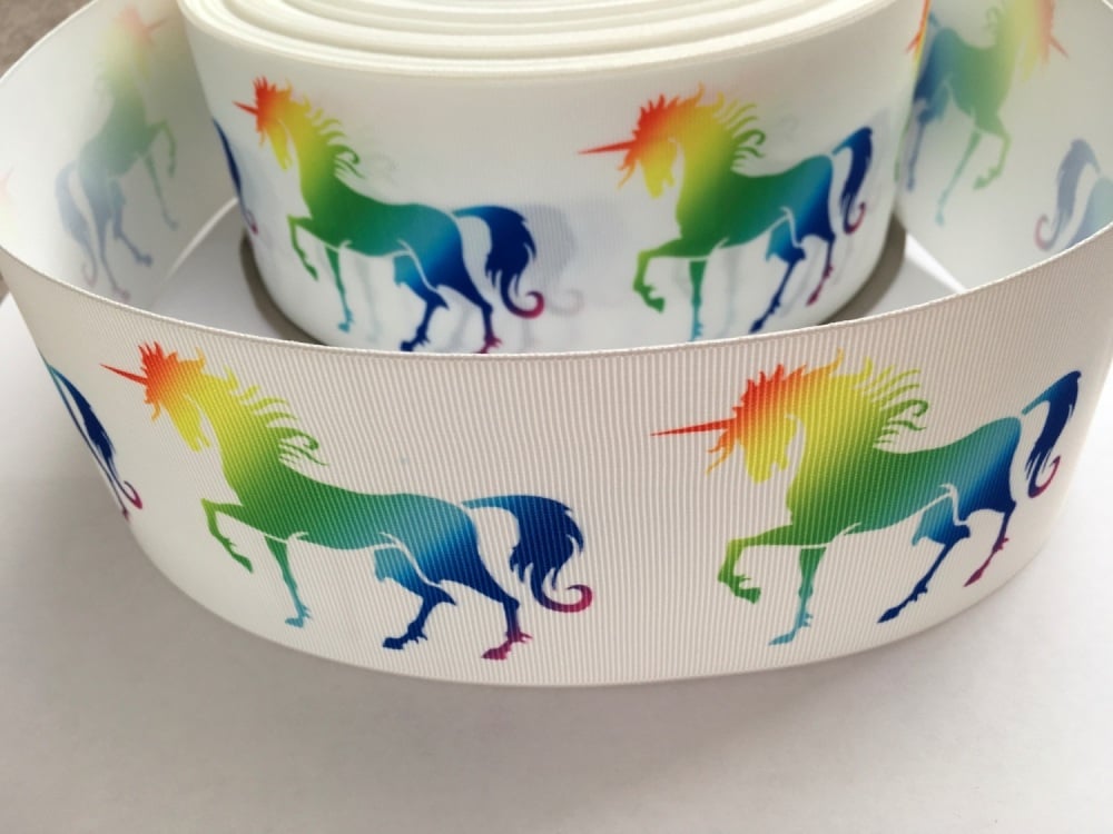 * SALE * 2" White Rainbow Unicorn Grosgrain Ribbon