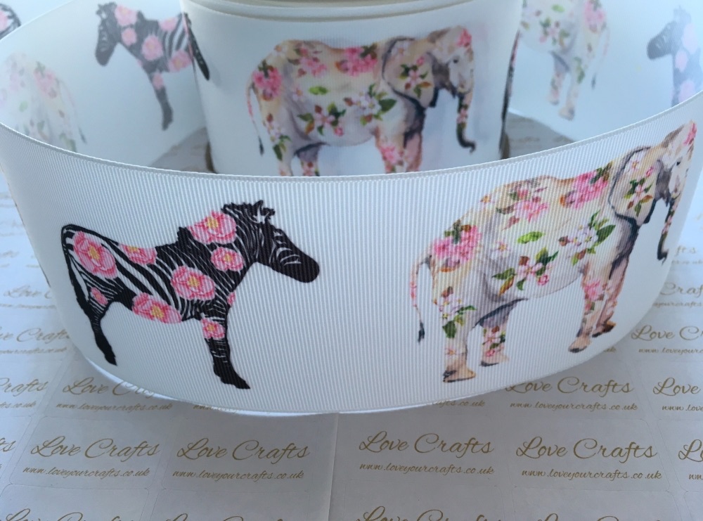 * SALE * 3" Floral Animals Grosgrain Ribbon