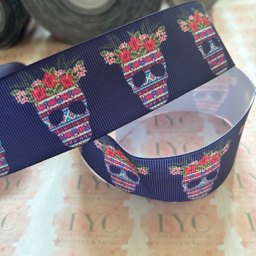 1 metre strip - 1.5" Floral Skull Grosgrain Ribbon