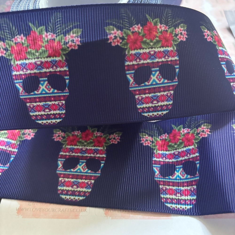 1 metre strip - 2" Floral Skull Grosgrain Ribbon