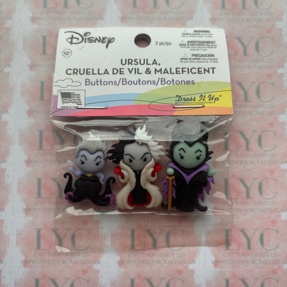 Dress It Up Buttons: Ursula, Cruella De Vil & Maleficent