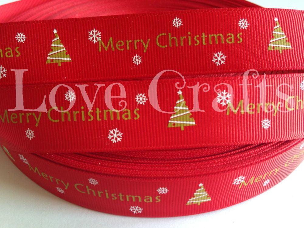 1 metre - 7/8" Green Merry Christmas on Red Grosgrain Ribbon