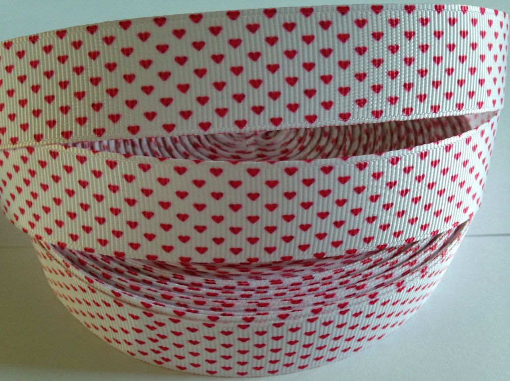 1 metre - 7/8" Red Hearts on White Grosgrain Ribbon