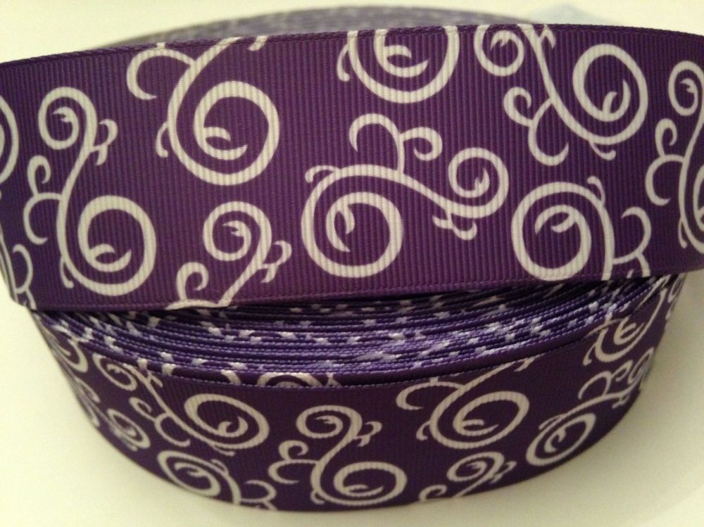 1 metre - 1.5" Purple & White Swirls Grosgrain Ribbon