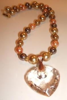 Coffee + Peach Glass Pearl Necklace with feature Heart pendant