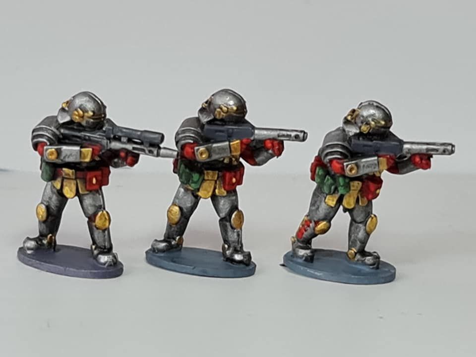 SL06 Star Legion Triarii shooting armed with Spatha rifles and DMR for ranged combat and support.