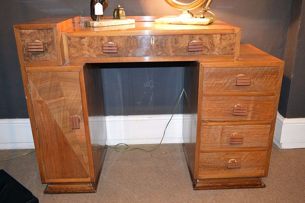 Art Deco walnut small desk or dressing table with phenolic handles