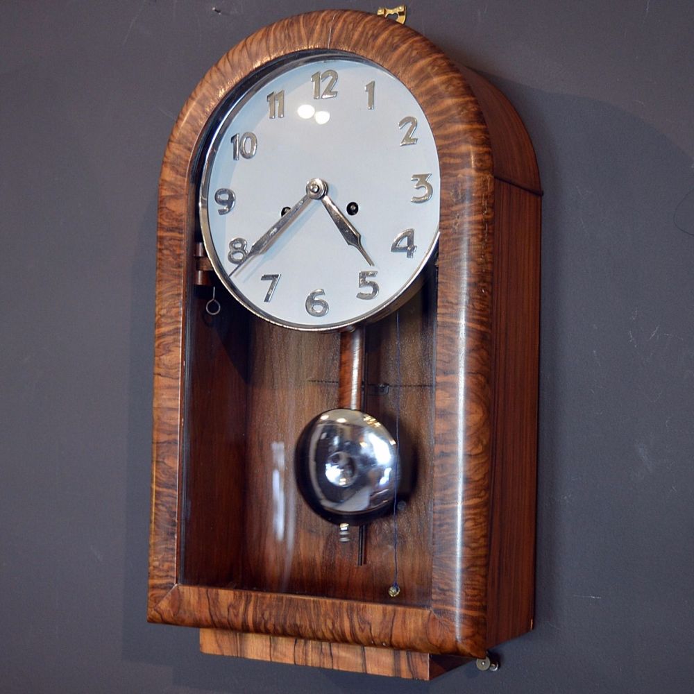 Art Deco figured walnut chiming wall clock