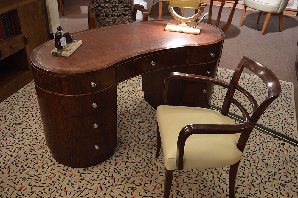 Art Deco walnut kidney shaped desk & chair from the Savoy hotel
