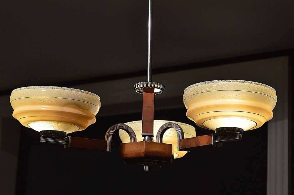 Art Deco three branch ceiling light / chandelier