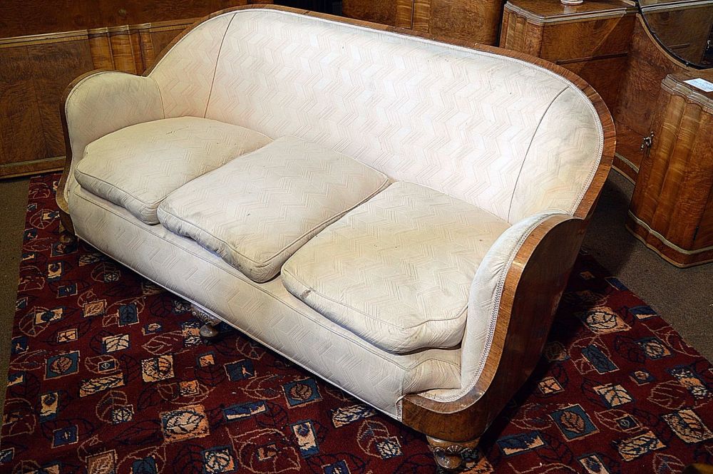 Art Deco walnut backed sofa & matching armchair