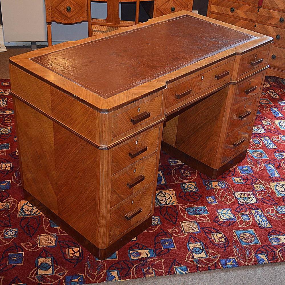 Maple & Co Art Deco walnut desk with original leather top.