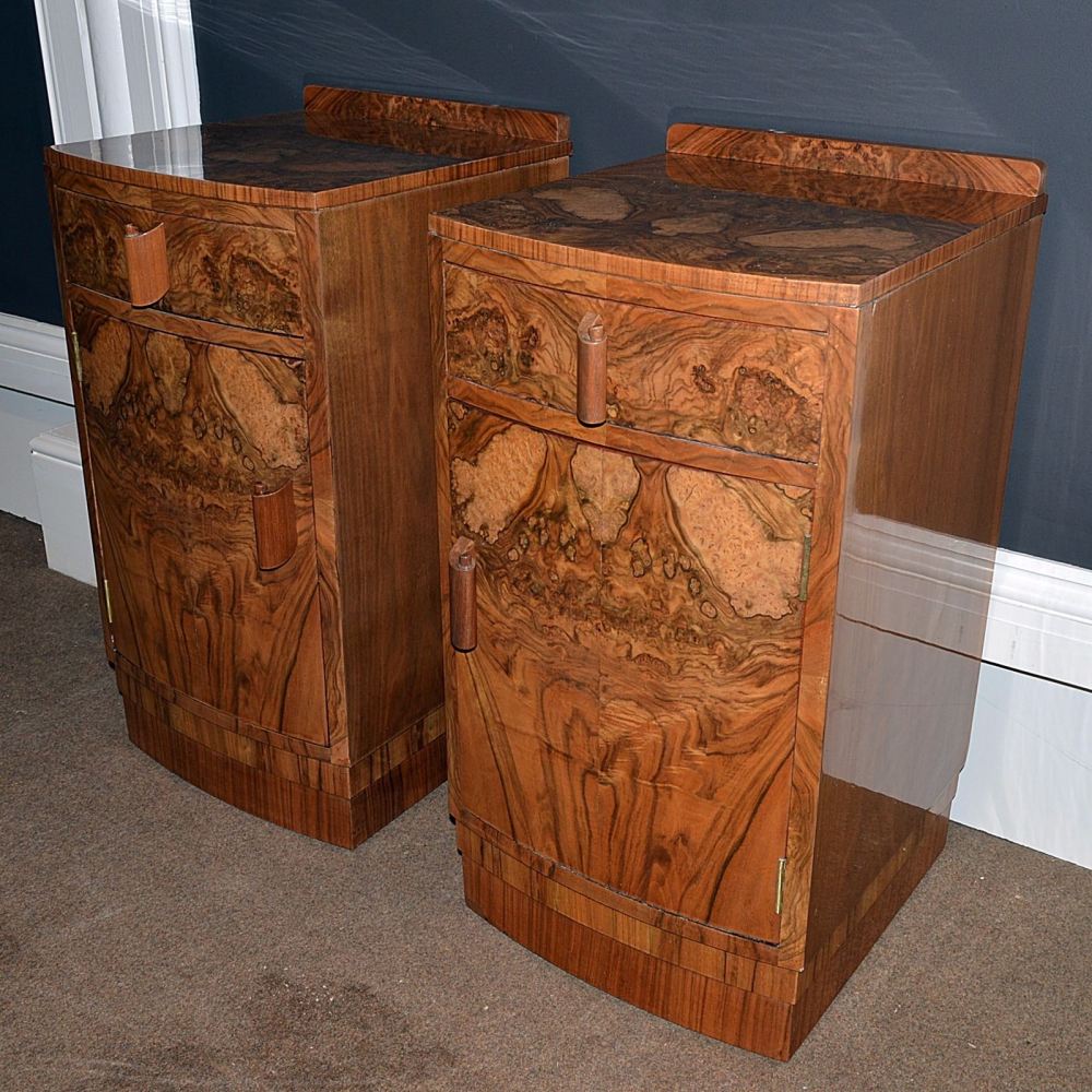 RESERVED. Good pair of Art Deco walnut bedside cabinets