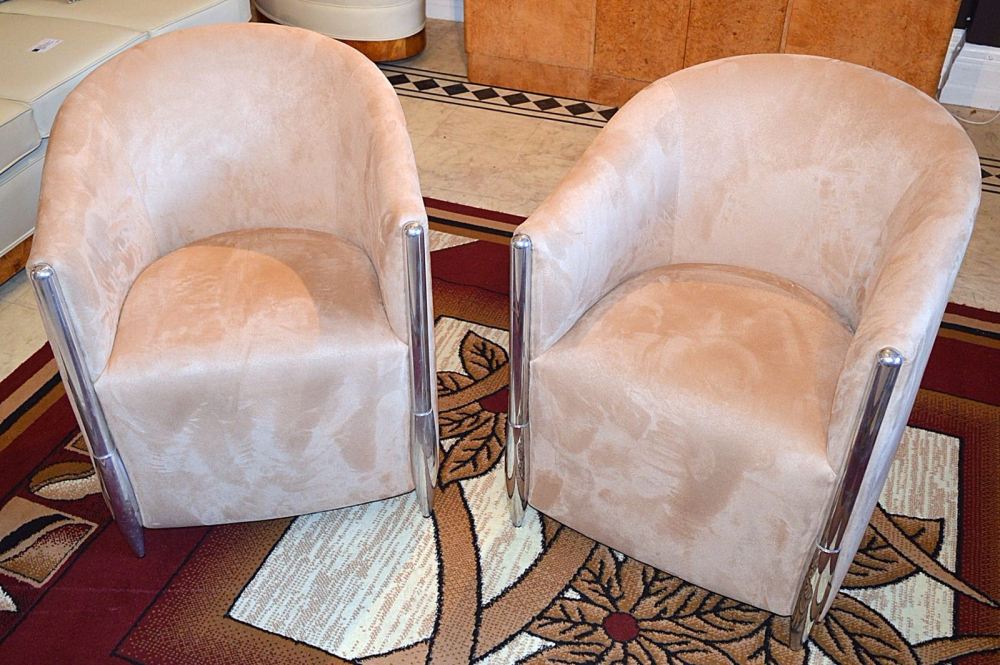 Good pair of mid century modern tub armchairs in polished aluminium.