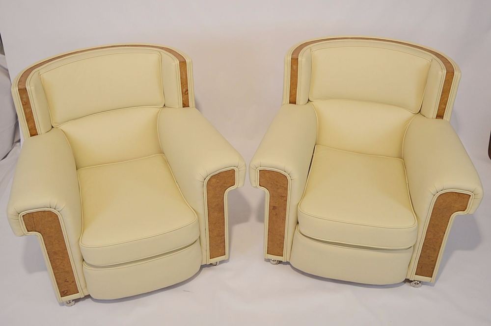 Good Pair of Art Deco leather armchairs with maple trim