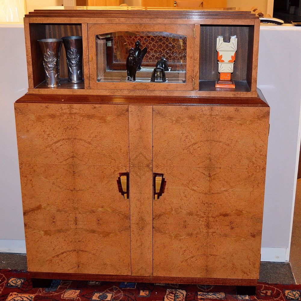 Fine French Art Deco blonde walnut and mahogany side cabinet