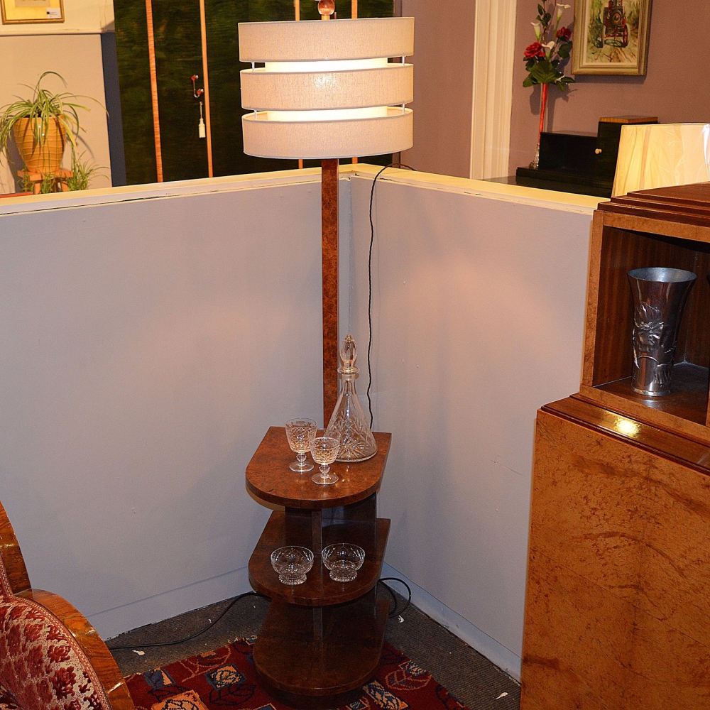 Art Deco amboyna standard lamp with three tier table.