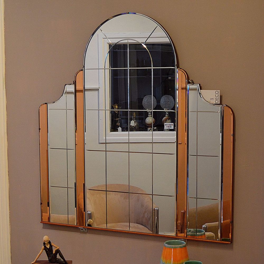 Good Art Deco peach and clear glass mirror