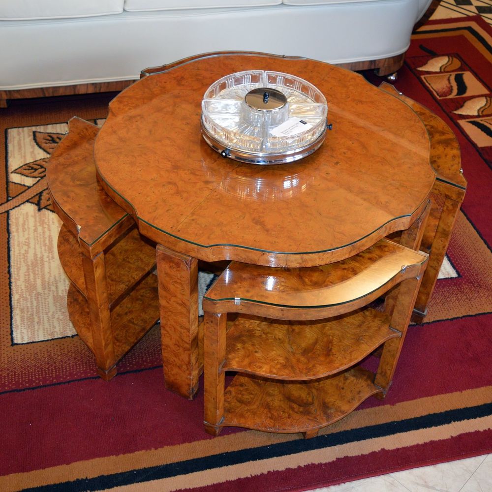 Fine Art Deco nest of five burr elm coffee tables