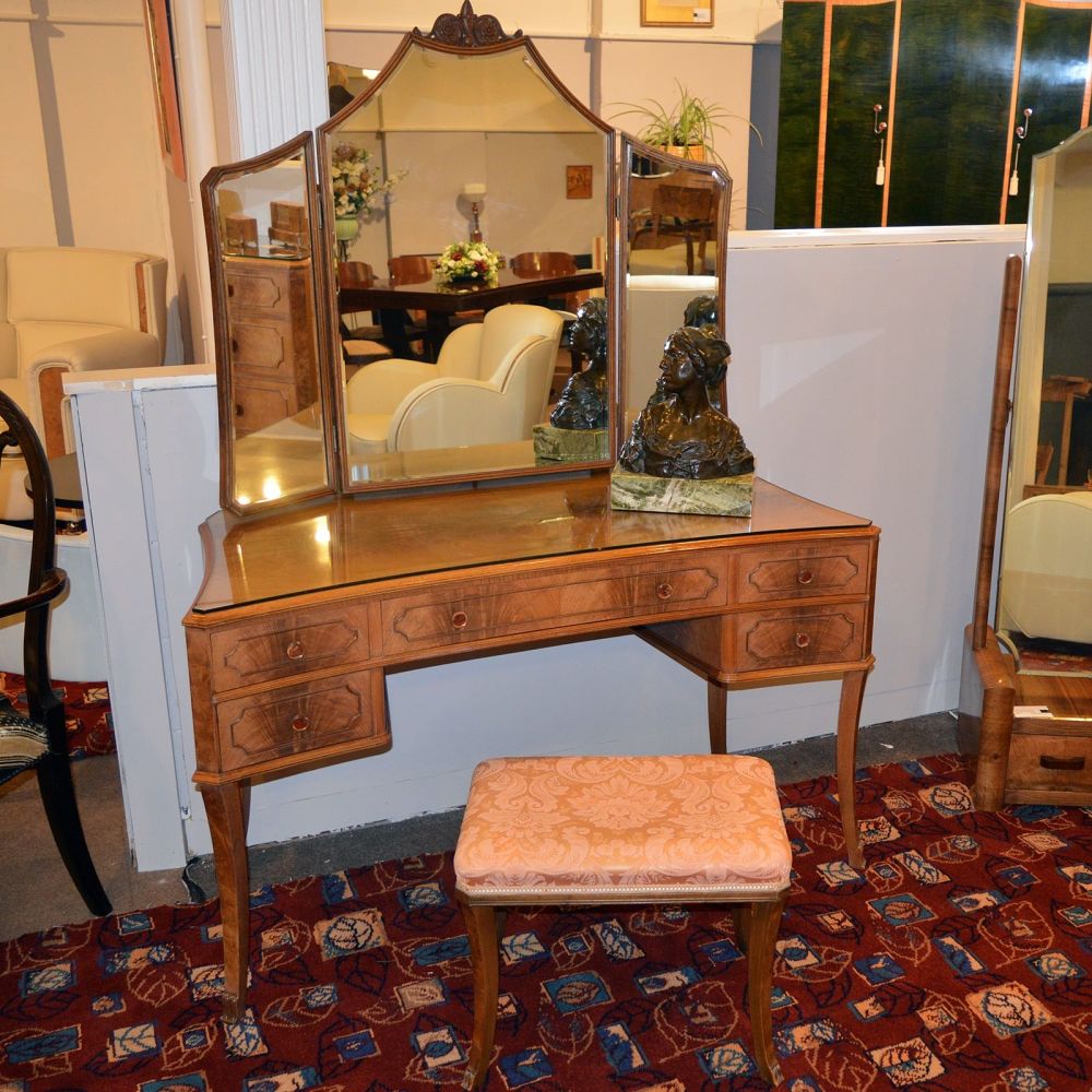Art Deco flame walnut dressing table with stool