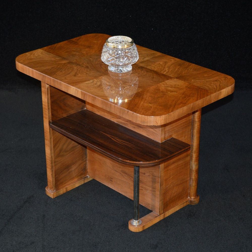 Fine Art Deco walnut, chrome & macassar ebony coffee table.