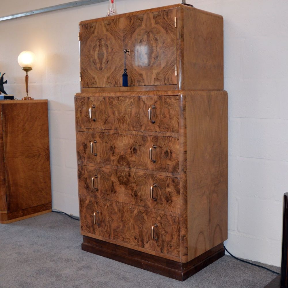 Quality Art Deco burr walnut tallboy / cabinet