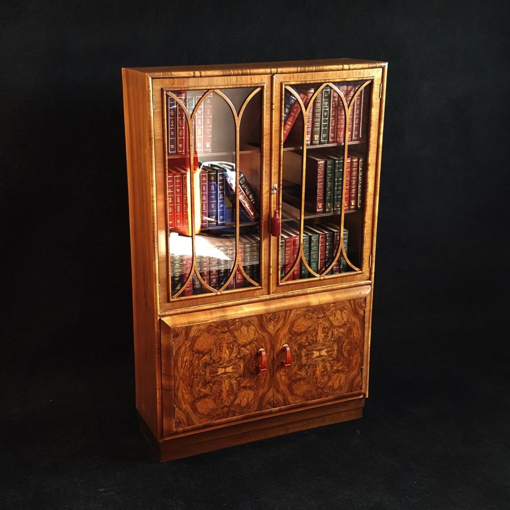 Art Deco burr walnut bookcase / cabinet