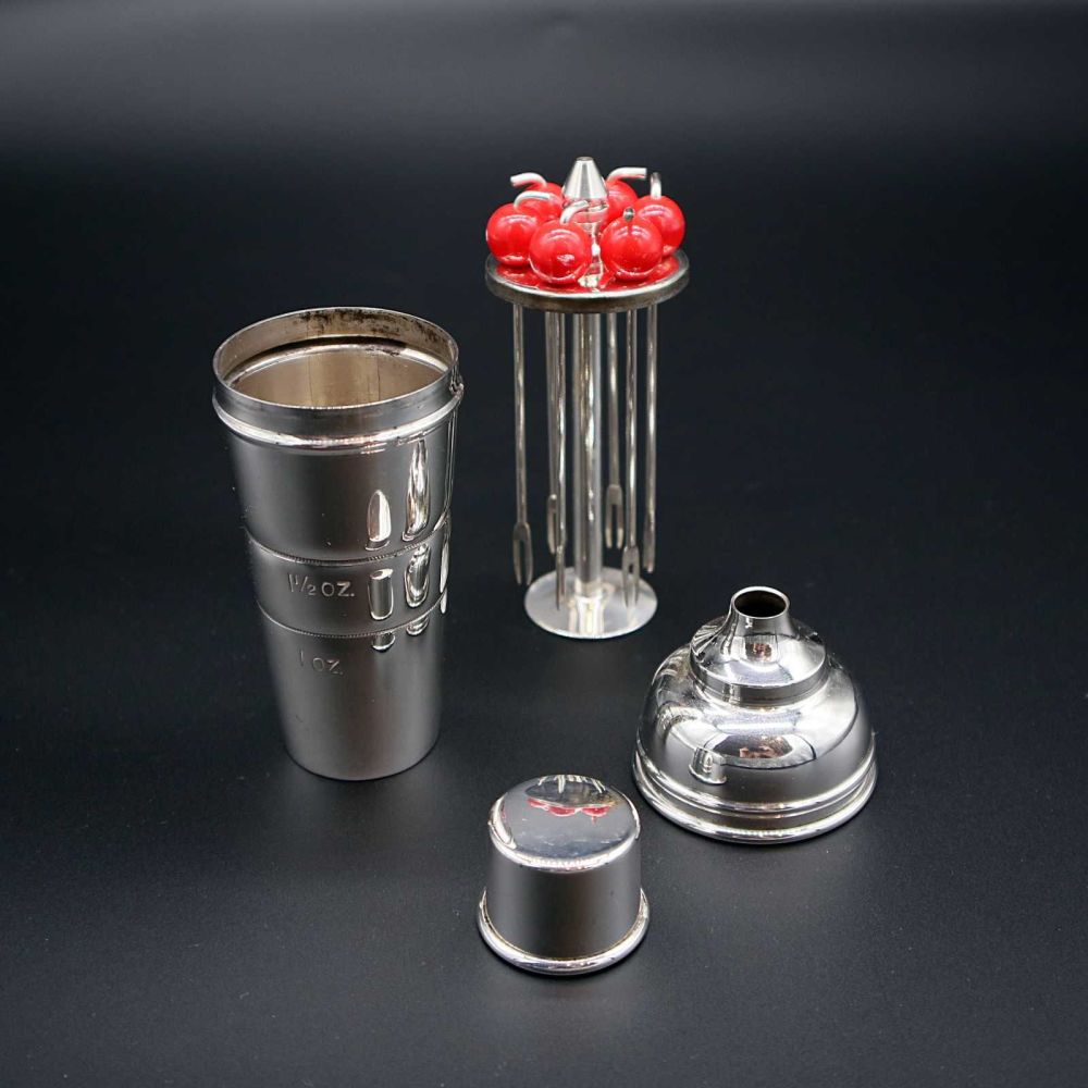 Mini Silver Plated Cocktail Shaker with Bakelite Cherry Picks by P H Vogel & Co.