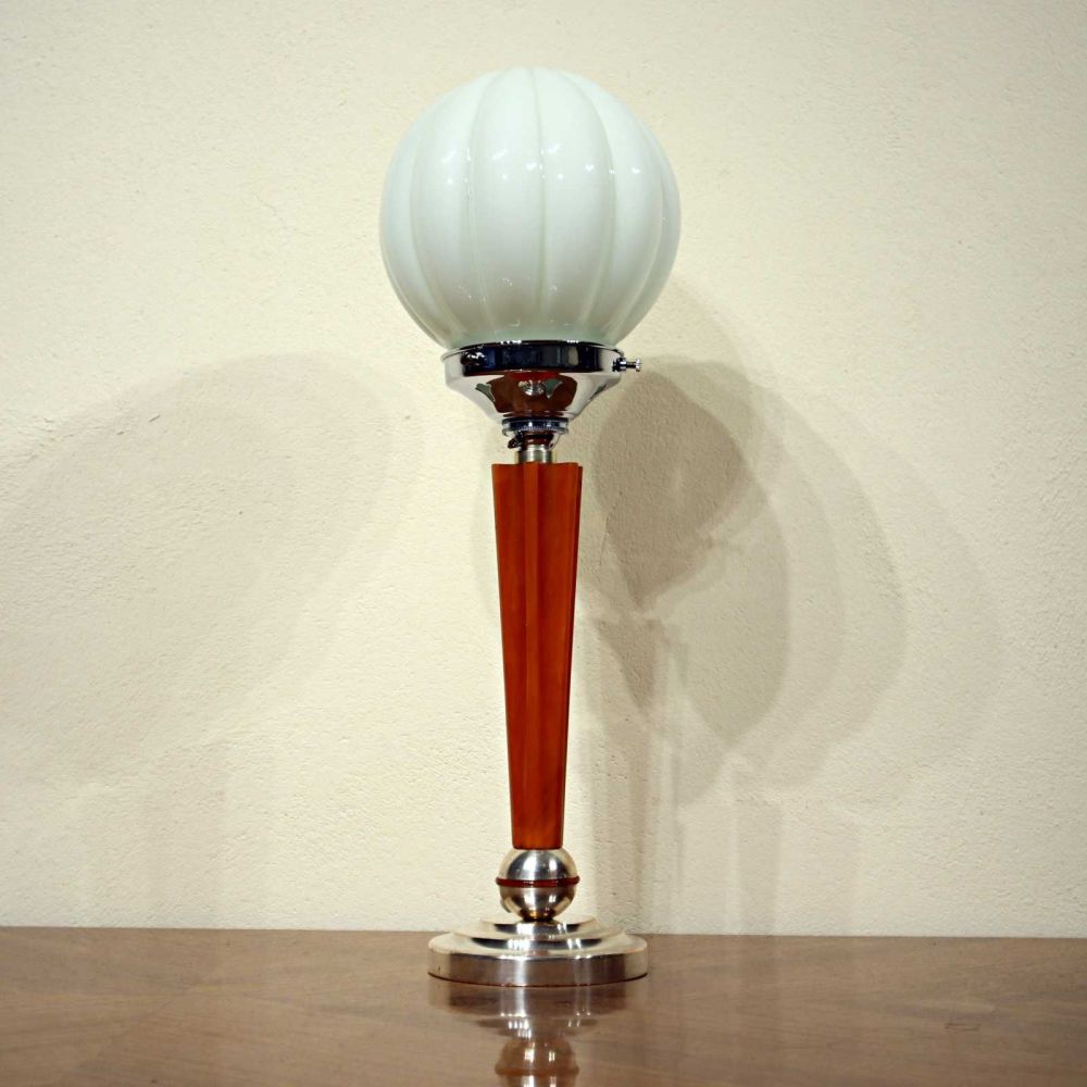 Art Deco polished metal and phenolic table lamp.