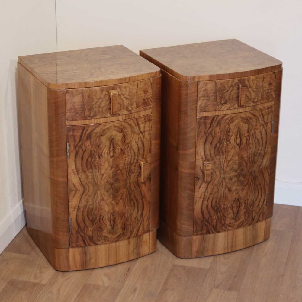 Pair of Art Deco figured walnut bedside cabinets