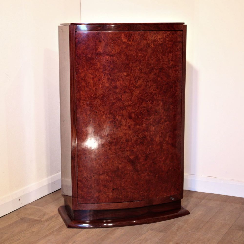 Unusual Art Deco French amboyna and rosewood cocktail cabinet 